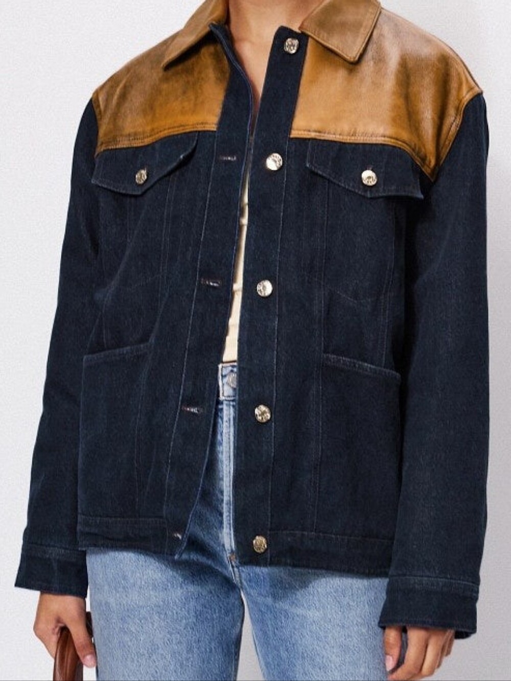 Sandro Raphael Denim Jacket With Leather Detail Long Sleeve Front Button  Size M